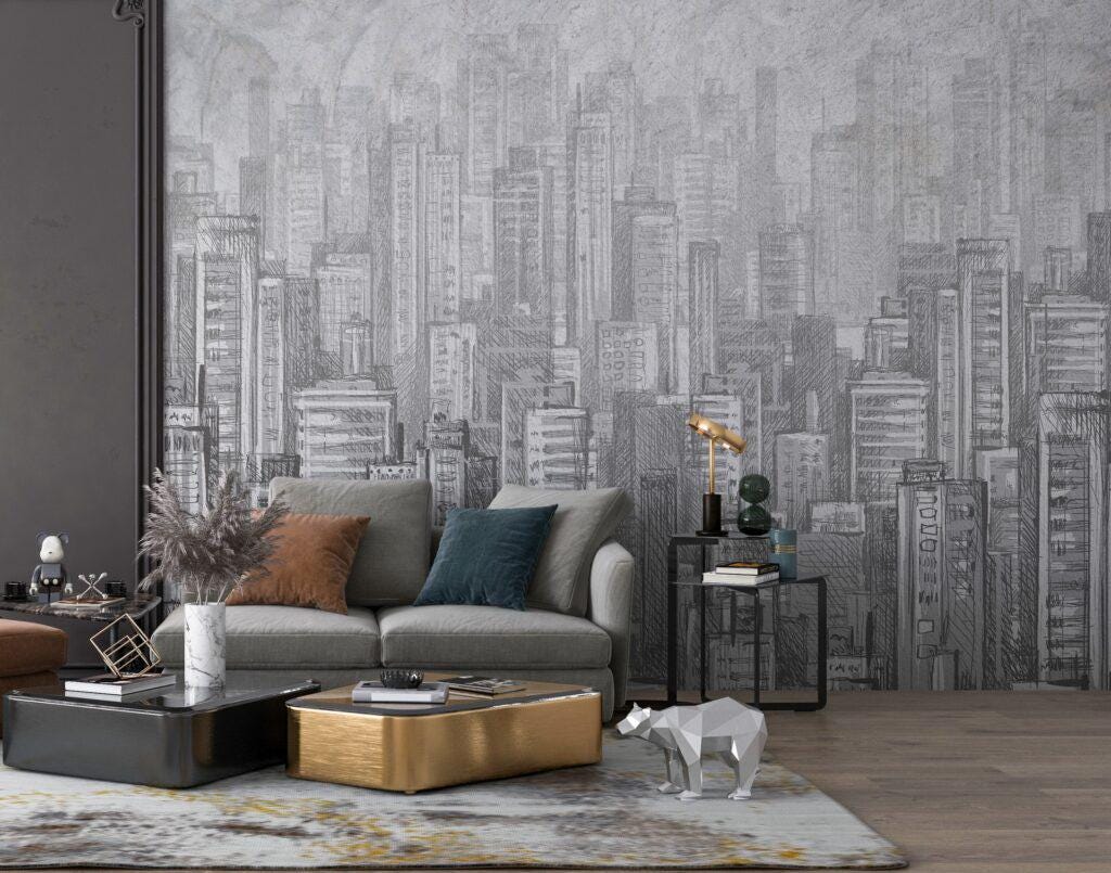 3D Pencil Drawing Wallpaper with High Building View, Black and White Peel and Stick Wallpaper, Stylish Room Design, Abstract Wallpaper
