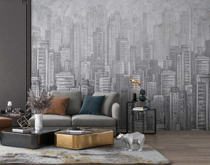3D Pencil Drawing Wallpaper with High Building View, Black and White Peel and Stick Wallpaper, Stylish Room Design, Abstract Wallpaper