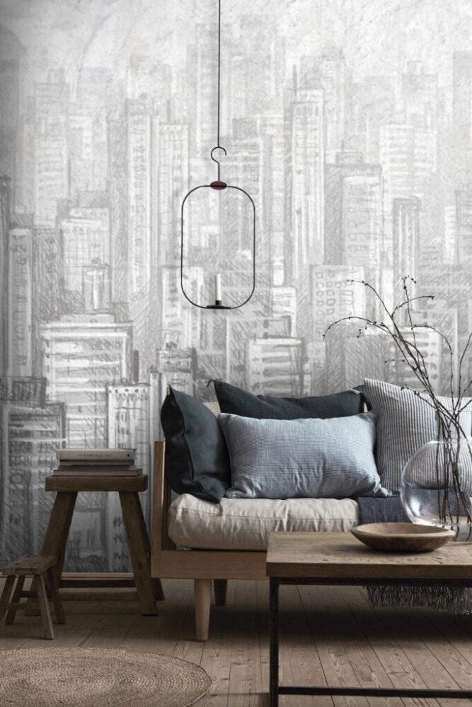 3D Pencil Drawing Wallpaper with High Building View, Black and White Peel and Stick Wallpaper, Stylish Room Design, Abstract Wallpaper