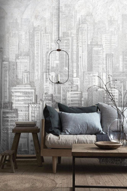 3D Pencil Drawing Wallpaper with High Building View, Black and White Peel and Stick Wallpaper, Stylish Room Design, Abstract Wallpaper