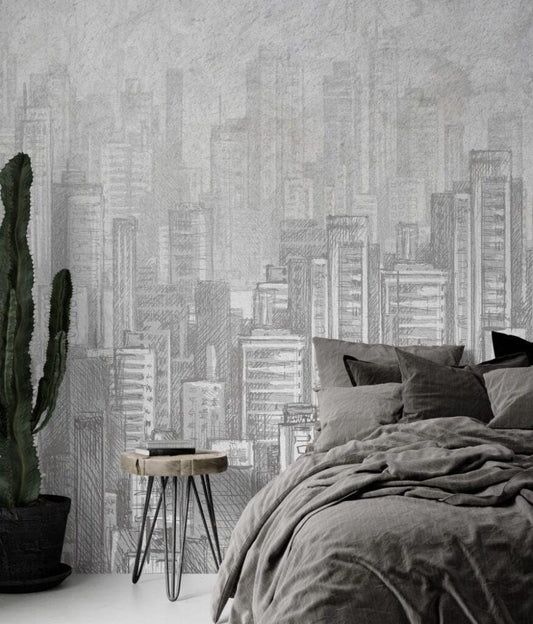 3D Pencil Drawing Wallpaper with High Building View, Black and White Peel and Stick Wallpaper, Stylish Room Design, Abstract Wallpaper