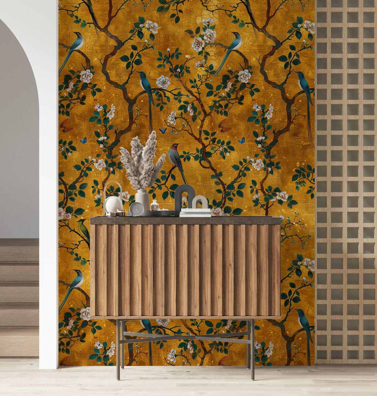 Gold Botanical Bird Wallpaper – Vintage Floral Mural with Butterflies