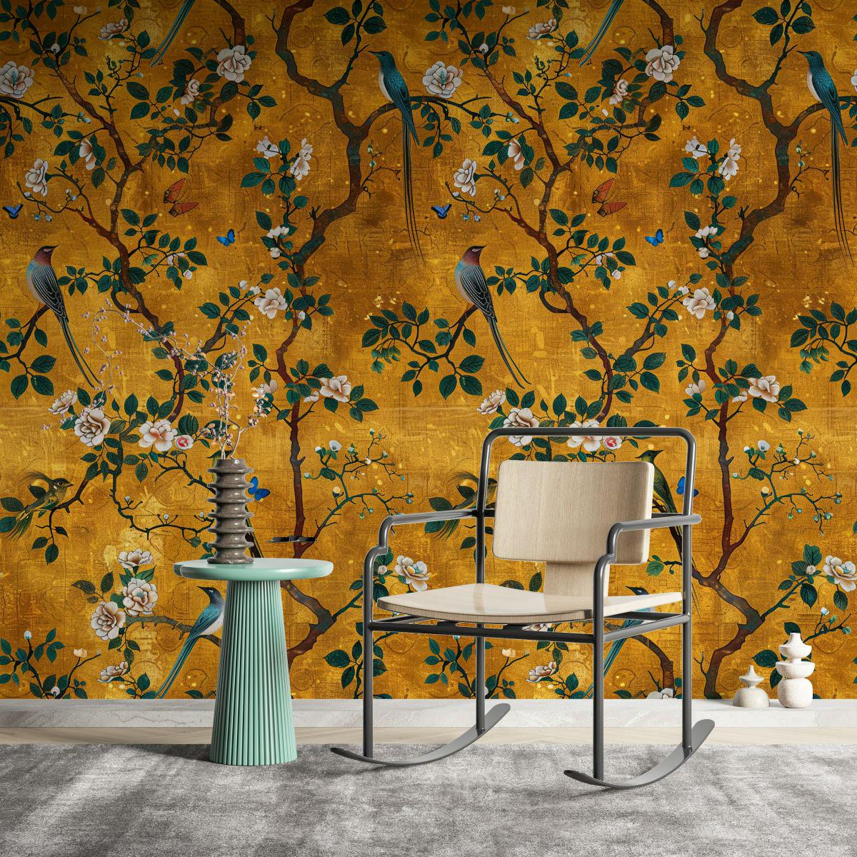 Gold Botanical Bird Wallpaper – Vintage Floral Mural with Butterflies