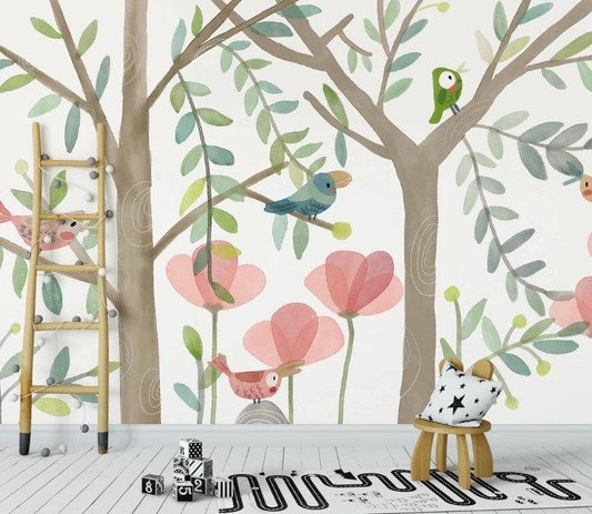 Birds And Trees Wallpaper, illustration Wallpaper Nursery, Peel and Stick Wallpaper, Watercolor Child Wallpaper, Colorful Wallpaper for Kids