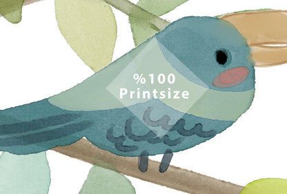 Birds And Trees Wallpaper, illustration Wallpaper Nursery, Peel and Stick Wallpaper, Watercolor Child Wallpaper, Colorful Wallpaper for Kids