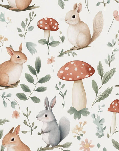 Forest Tale Wallpaper, Mushrooms and Rabbits in the Forest Wallpaper For Kidsroom, Wallpaper Nursery, Nature Wallpaper, Baby Girl Wallpaper