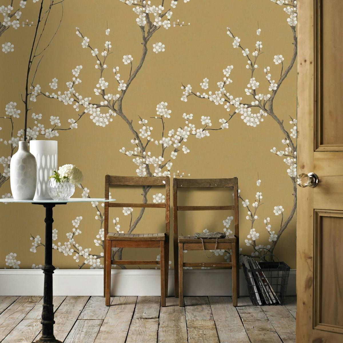 Mustard Yellow Chinese Floral Wallpaper - Vintage Botanical Wall Mural