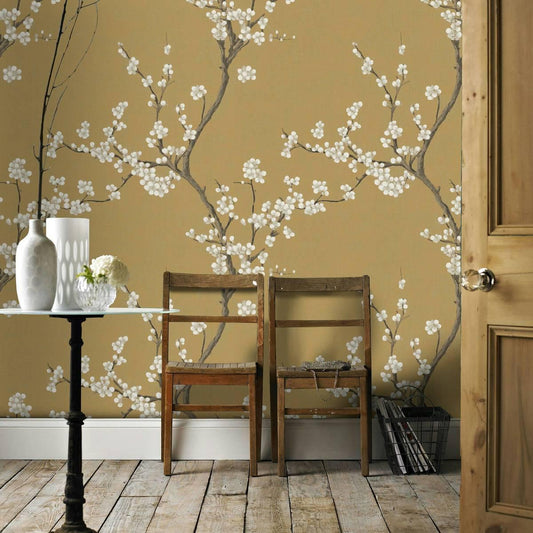 Mustard Color Chinese Inspired Wallpaper, Vintage Floral Wallpaper, Romantic Wall Mural, Peel and Stick Wallpaper, Yellow Drawing Wallpaper