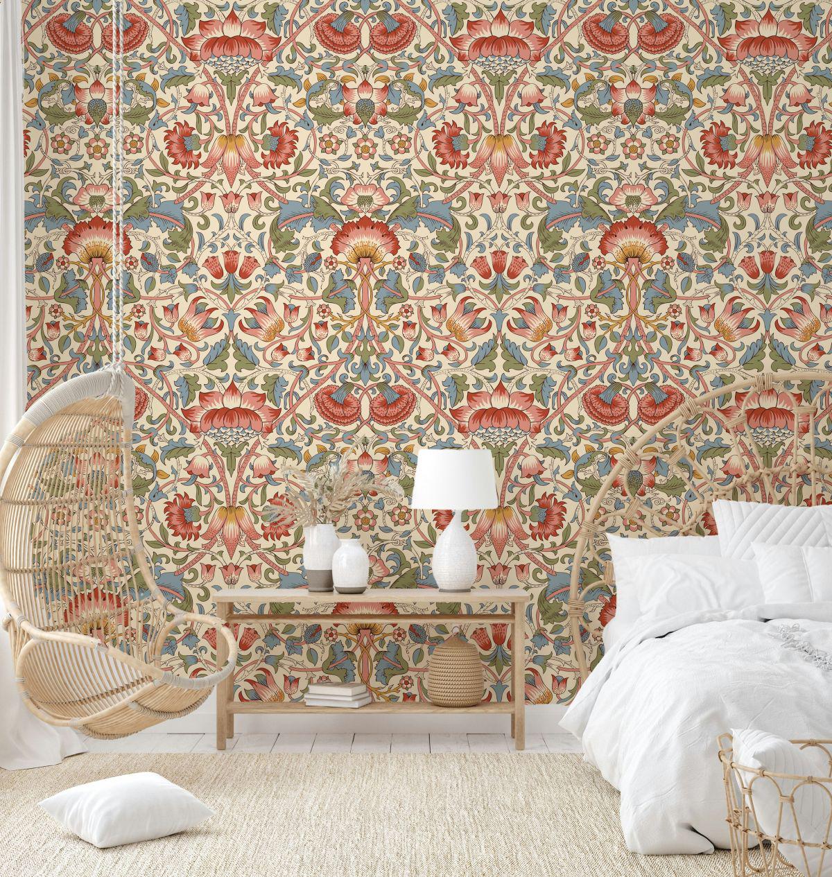 Minimal Floral Wallpaper with Ethnic Pattern, Vintage Floral Pattern Wallpaper, Romantic Drawing Mural,Special Design Hand Drawing Wallpaper