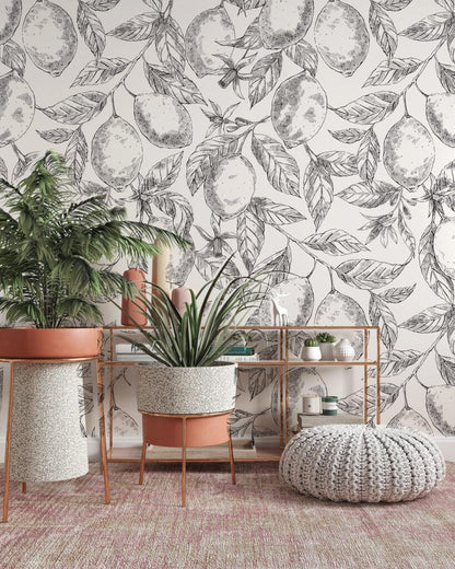 Lemon Citrus Realistic Leaves Wallpaper, Floral Wallpaper, Romantic Wallpaper, Black-White Orchard Mural, illustration Drawing Wallpaper