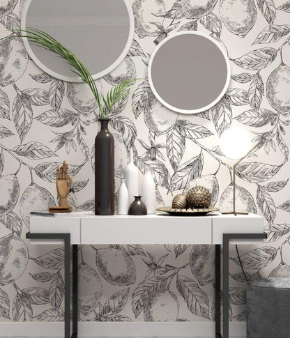 Lemon Citrus Realistic Leaves Wallpaper, Floral Wallpaper, Romantic Wallpaper, Black-White Orchard Mural, illustration Drawing Wallpaper