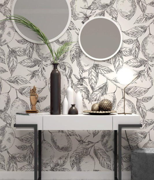 Lemon Citrus Realistic Leaves Wallpaper, Floral Wallpaper, Romantic Wallpaper, Black-White Orchard Mural, illustration Drawing Wallpaper