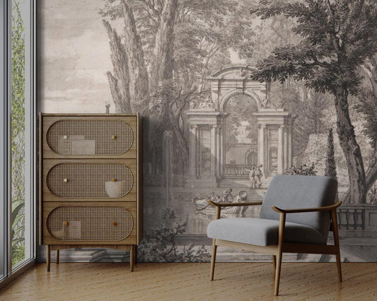 Water Party in Ancient Garden Wallpaper, Bohemian Wallpaper, Trees Mural, Peel and Stick Wallpaper, Antique Wallpaper, Nostalgic Wallpaper