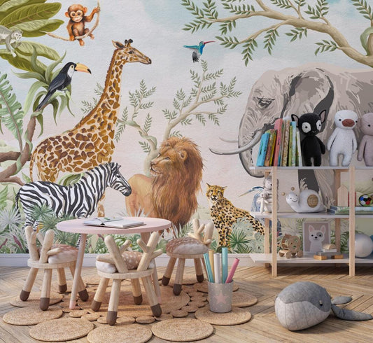 Animal Kingdom Wallpaper For Kidsroom, Childrens Wallpaper , Peel and Stick Wall Mural Nursery, Wide Animals Wallpaper, Jungle Wallpaper