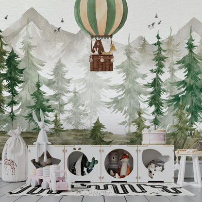 Animals in Balloons in the Forest with Watercolor Effect Wallpaper For Kidsroom, Trees Wallpaper Nursery ,  Baby Peel and Stick Wall Mural