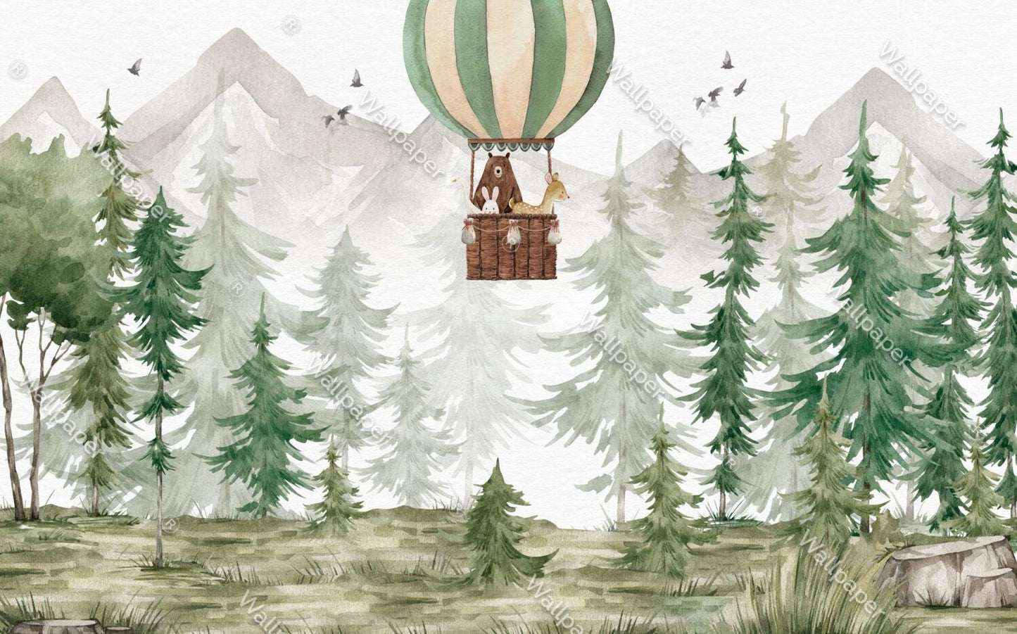 Animals in Balloons in the Forest with Watercolor Effect Wallpaper For Kidsroom, Trees Wallpaper Nursery ,  Baby Peel and Stick Wall Mural