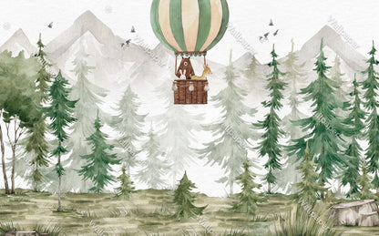 Animals in Balloons in the Forest with Watercolor Effect Wallpaper For Kidsroom, Trees Wallpaper Nursery ,  Baby Peel and Stick Wall Mural