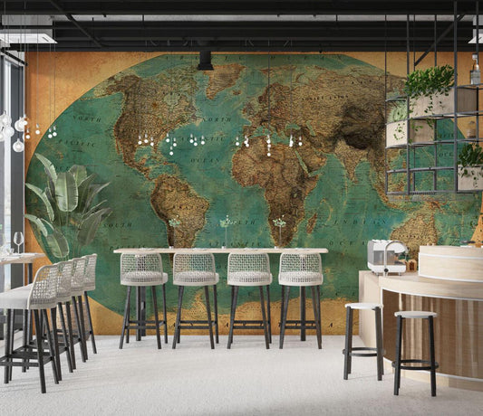 Antique World Map Wallpaper in Turquoise Shades, Ancient Bohemian Wallpaper, Peel and Stick Historical Wallpaper, Drawwing Map Wallpaper