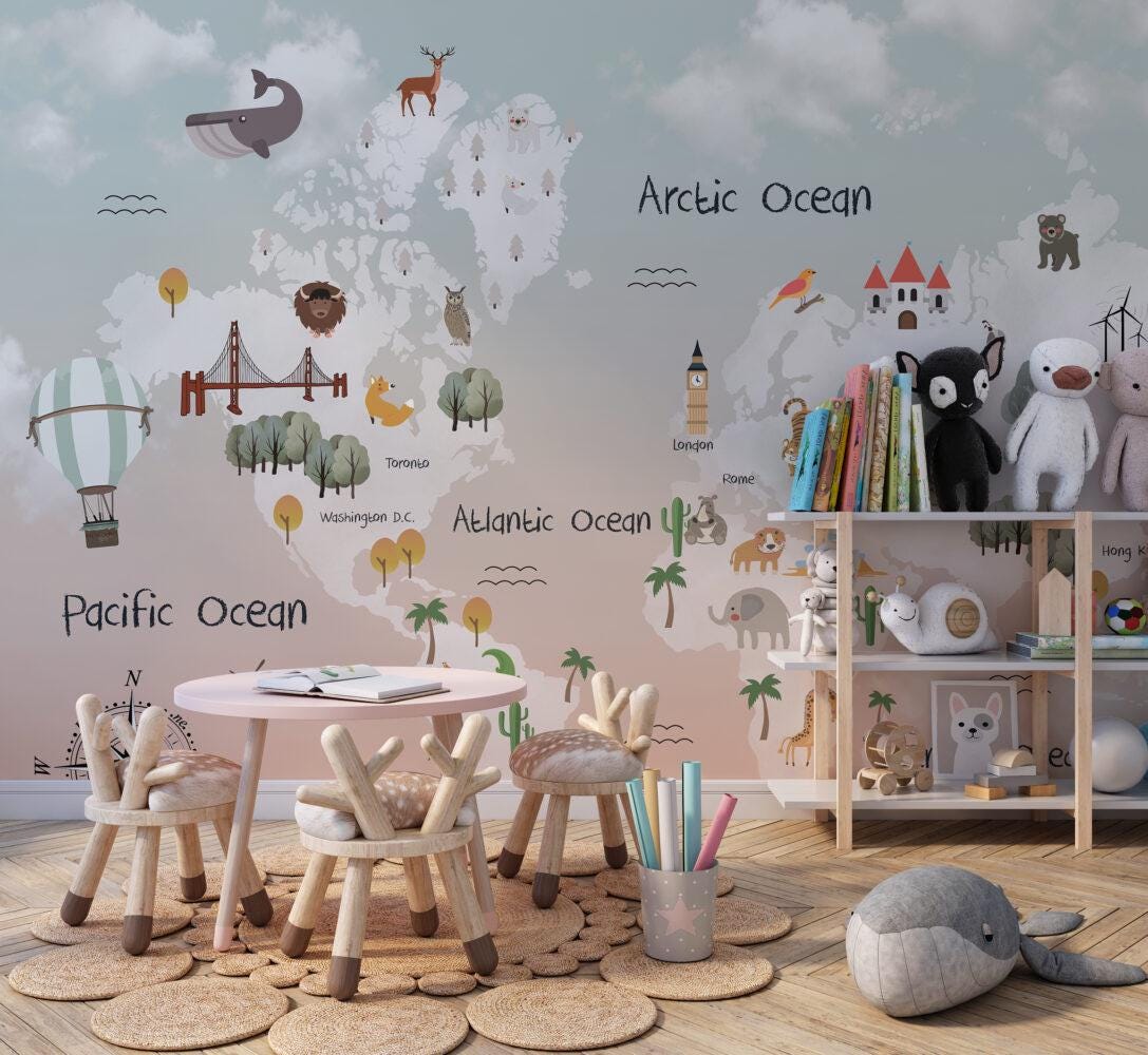 Sky Patterned Children's Map with Animals Wallpaper For Kidsroom, Children Wallpaper , Peel and Stick Wallpaper Nursery, Baby Mural