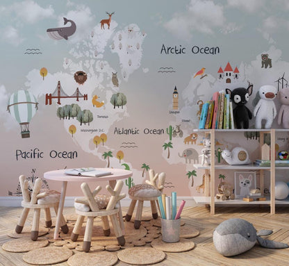 Sky Patterned Children's Map with Animals Wallpaper For Kidsroom, Children Wallpaper , Peel and Stick Wallpaper Nursery, Baby Mural