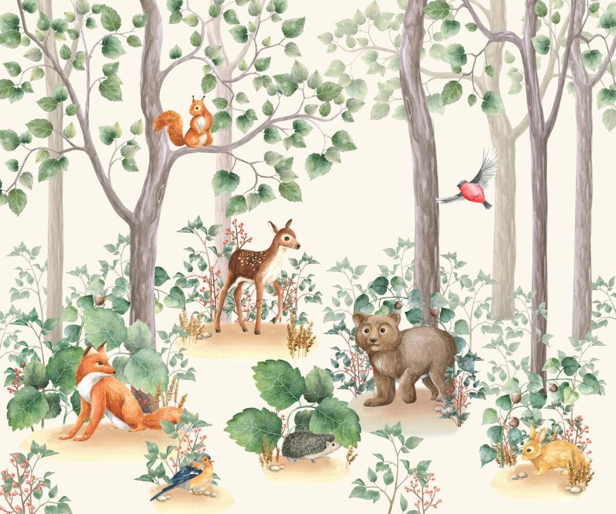 Cute Forest Animals and Bambi Wallpaper For Kidsroom, Trees Wallpaper Nursery , Nature Childrens Wallpaper , Peel and Stick Wallpaper