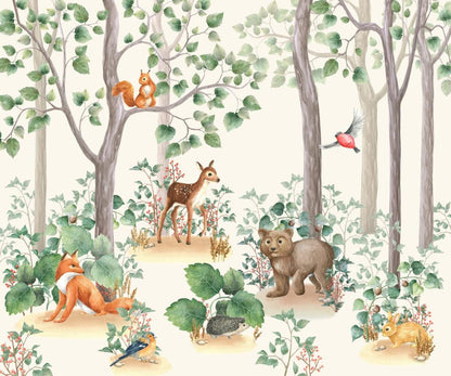 Cute Forest Animals and Bambi Wallpaper For Kidsroom, Trees Wallpaper Nursery , Nature Childrens Wallpaper , Peel and Stick Wallpaper