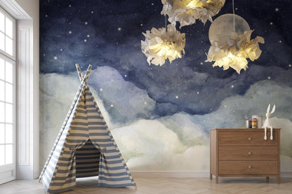 Watercolor Moonlight full moon wallpaper For Kidsroom, Wallpaper Nursery, Child Wallpaper, Peel and Stick Baby Wallpaper, Blue Sky Wallpaper