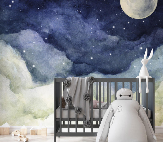 Watercolor Moonlight full moon wallpaper For Kidsroom, Wallpaper Nursery, Child Wallpaper, Peel and Stick Baby Wallpaper, Blue Sky Wallpaper