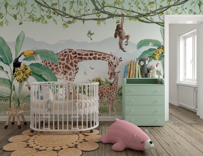 Double Animals in Tropical Forest Wallpaper For Kidsroom, Child Wallpaper , Peel and Stick Wallpaper, Animals Wallpaper, Jungle Wallpaper