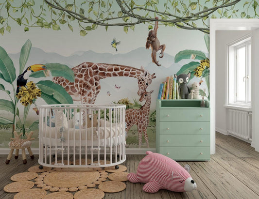 Double Animals in Tropical Forest Wallpaper For Kidsroom, Child Wallpaper , Peel and Stick Wallpaper, Animals Wallpaper, Jungle Wallpaper
