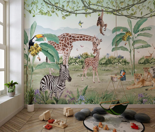 Double Animals in Tropical Forest Wallpaper For Kidsroom, Child Wallpaper , Peel and Stick Wallpaper, Animals Wallpaper, Jungle Wallpaper