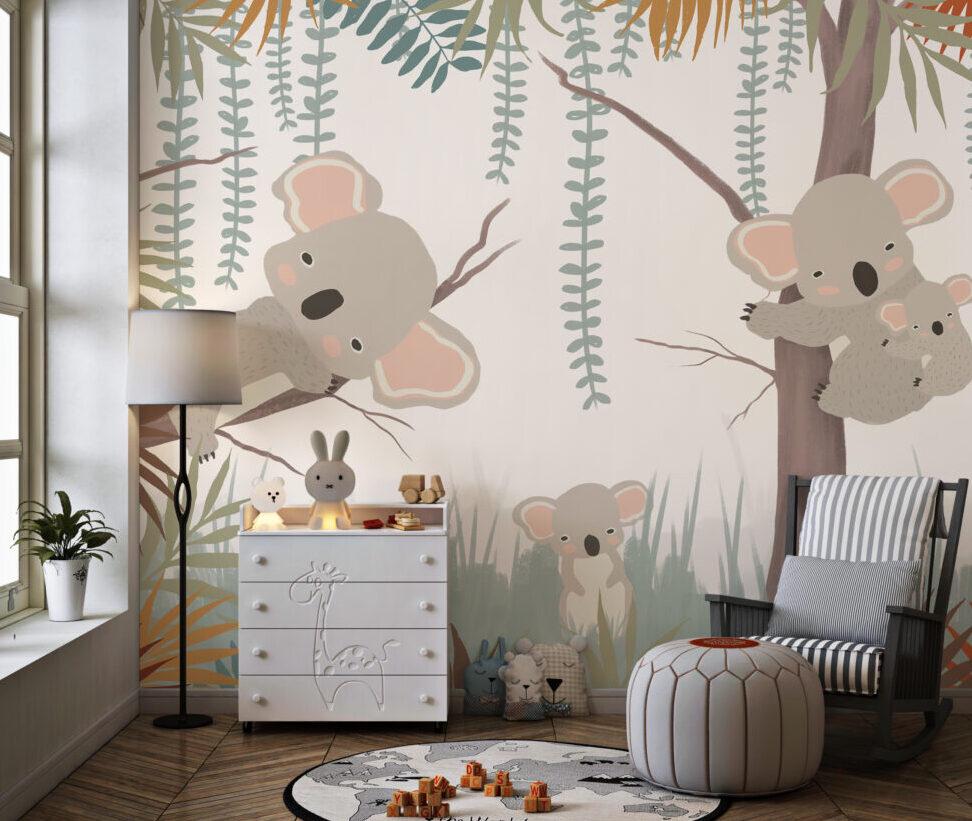 3D Wallpaper with Koala Hugging Tree Pattern, Cute Animal Wallpaper Nursery , Nature Childrens Wallpaper , Peel and Stick Baby Wallpaper