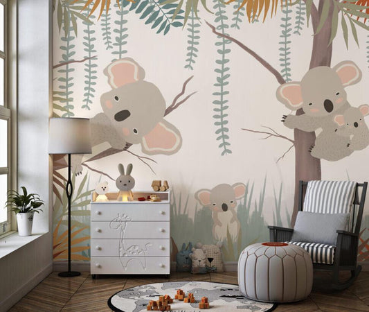 3D Wallpaper with Koala Hugging Tree Pattern, Cute Animal Wallpaper Nursery , Nature Childrens Wallpaper , Peel and Stick Baby Wallpaper