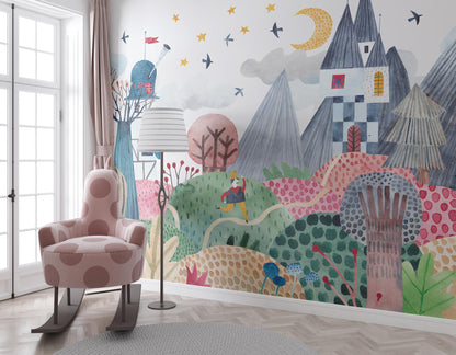 3D Castle-Looking Colorful Wallpaper for Kidsroom, İllustration Wallpaper Nursery , Children's Tale Wallpaper , Fun Baby Wallpaper