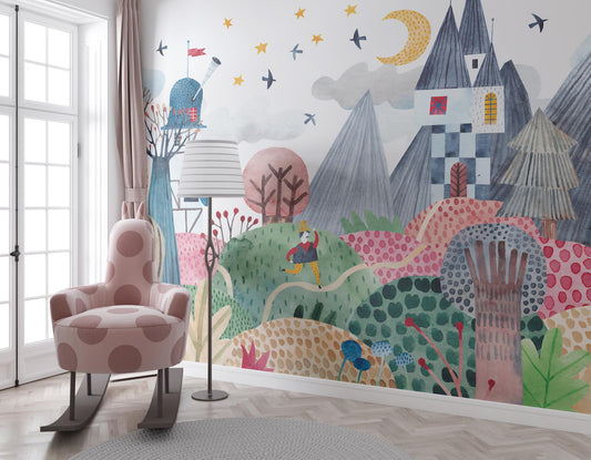 3D Castle-Looking Colorful Wallpaper for Kidsroom, İllustration Wallpaper Nursery , Children's Tale Wallpaper , Fun Baby Wallpaper