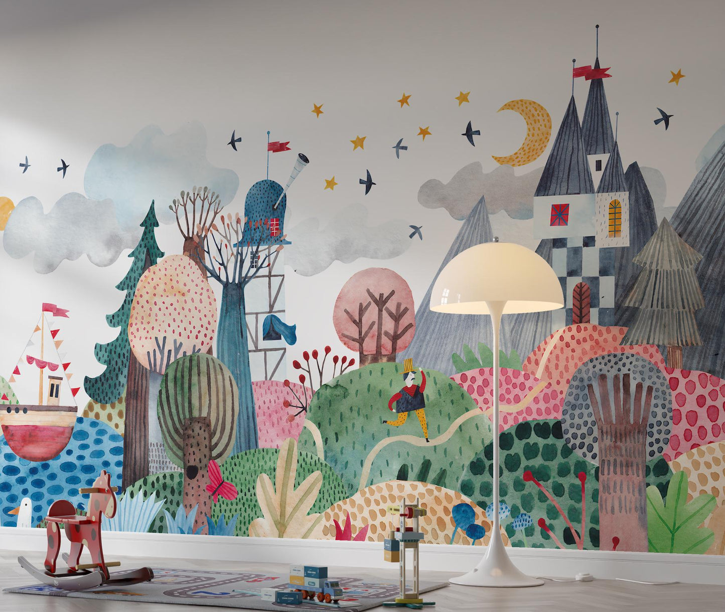 3D Castle-Looking Colorful Wallpaper for Kidsroom, İllustration Wallpaper Nursery , Children's Tale Wallpaper , Fun Baby Wallpaper