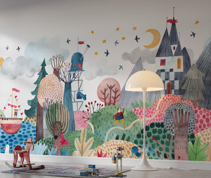 3D Castle-Looking Colorful Wallpaper for Kidsroom, İllustration Wallpaper Nursery , Children's Tale Wallpaper , Fun Baby Wallpaper
