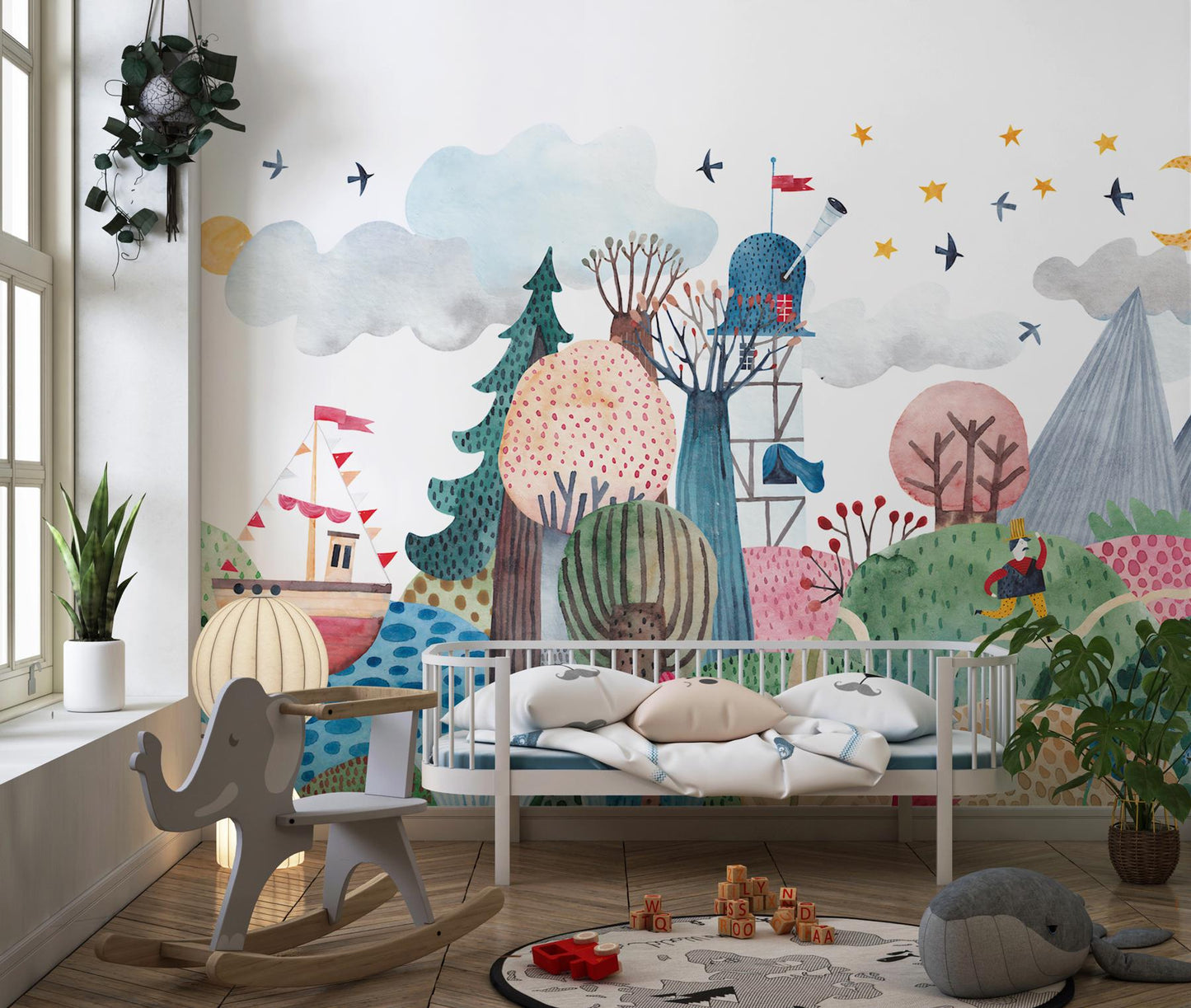 3D Castle-Looking Colorful Wallpaper for Kidsroom, İllustration Wallpaper Nursery , Children's Tale Wallpaper , Fun Baby Wallpaper