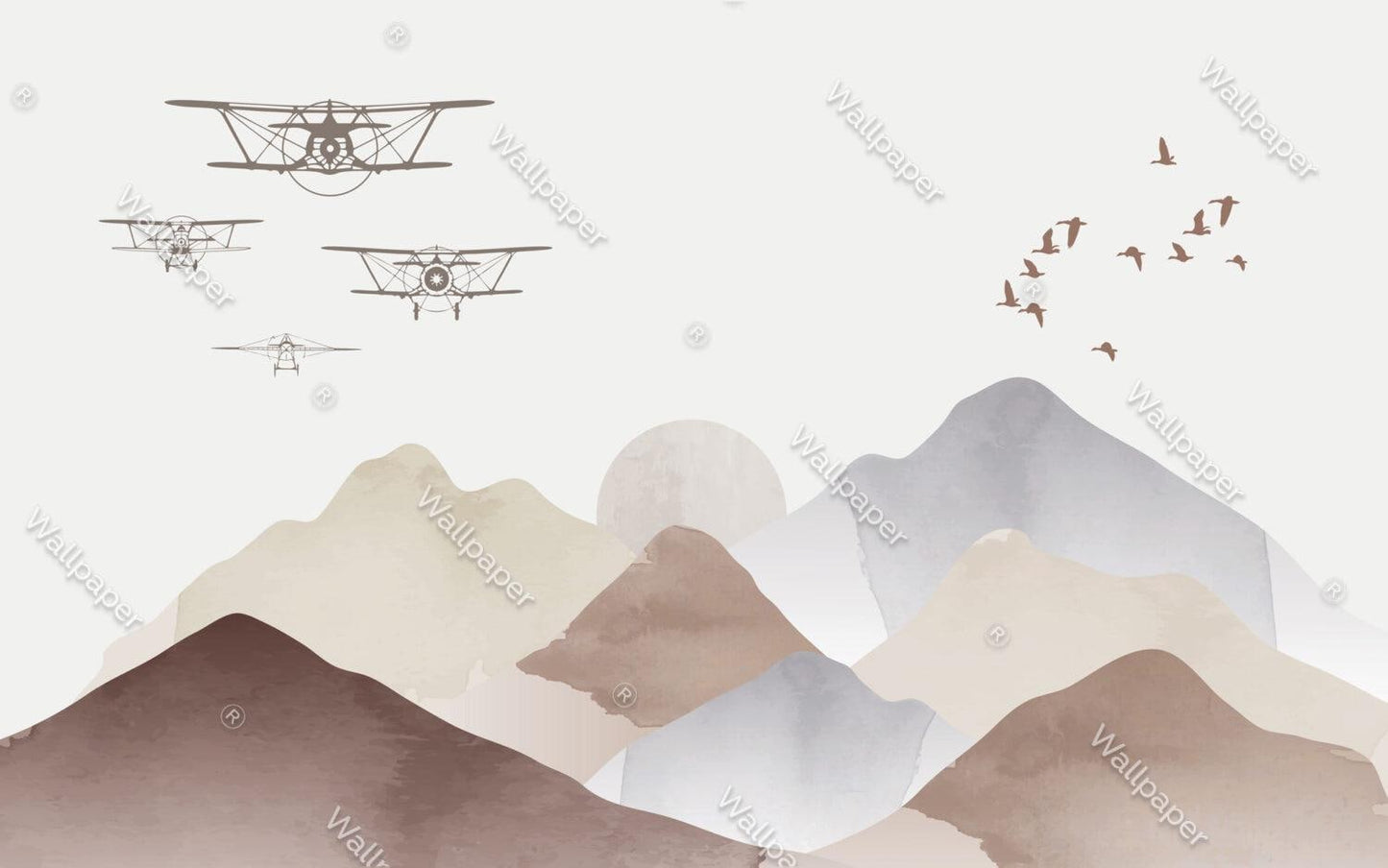 Airplane Squadron Wallpaper in Boho Colors For Kidsroom, Illustration Wallpaper Nursery, Art Child Wallpaper, Peel and Stick Baby Wallpaper