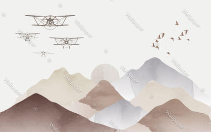 Airplane Squadron Wallpaper in Boho Colors For Kidsroom, Illustration Wallpaper Nursery, Art Child Wallpaper, Peel and Stick Baby Wallpaper