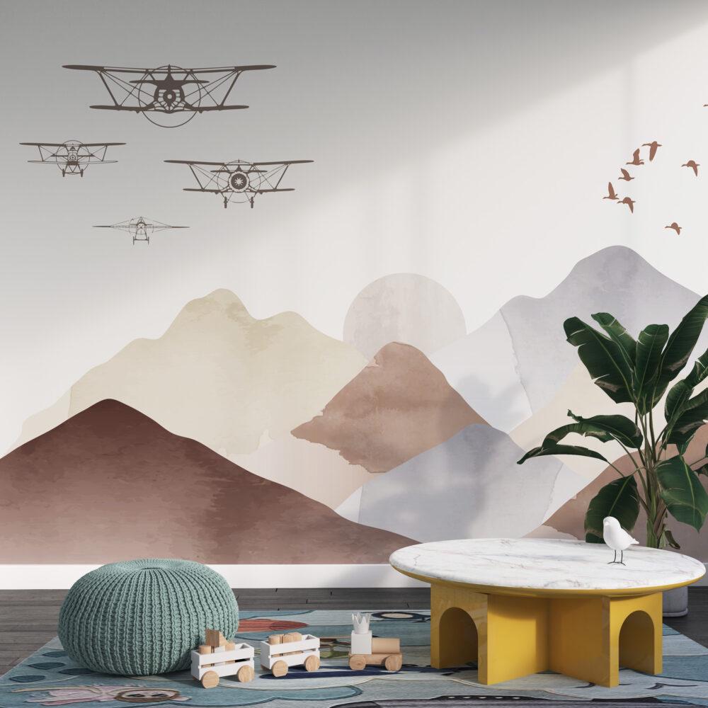 Airplane Squadron Wallpaper in Boho Colors For Kidsroom, Illustration Wallpaper Nursery, Art Child Wallpaper, Peel and Stick Baby Wallpaper