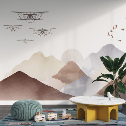 Airplane Squadron Wallpaper in Boho Colors For Kidsroom, Illustration Wallpaper Nursery, Art Child Wallpaper, Peel and Stick Baby Wallpaper