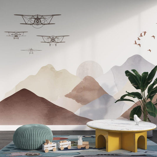 Airplane Squadron Wallpaper in Boho Colors For Kidsroom, Illustration Wallpaper Nursery, Art Child Wallpaper, Peel and Stick Baby Wallpaper