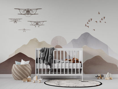 Airplane Squadron Wallpaper in Boho Colors For Kidsroom, Illustration Wallpaper Nursery, Art Child Wallpaper, Peel and Stick Baby Wallpaper