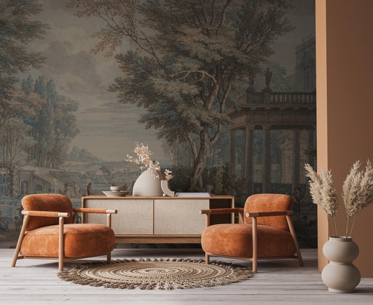 Ancient Rome Secret Garden Wallpaper, Bohemian Peel and Stick Wallpaper, Antique Wallpaper, Nostalgic Wallpaper, Drawwing Wallpaper
