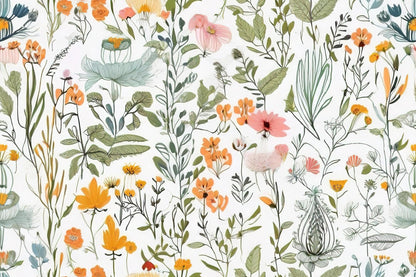 Wild Flowers and Leaves Wallpaper, Floral Wallpaper, Colourful Romantic Mural, Peel and Stick Wallpaper, Spring Themed Drawing Wallpaper