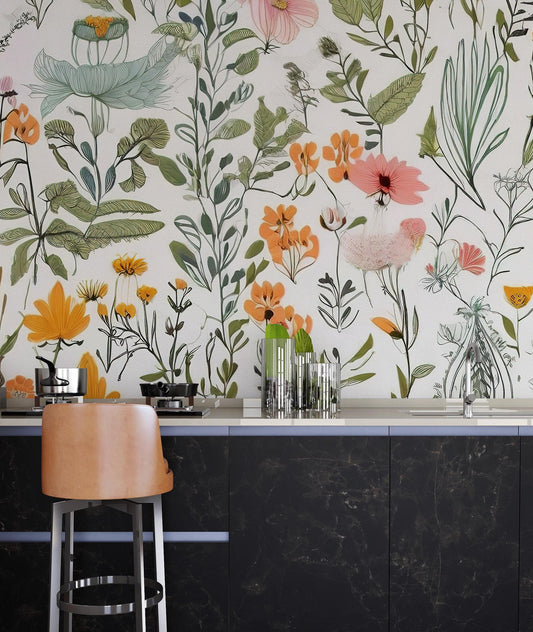 Wild Flowers and Leaves Wallpaper, Floral Wallpaper, Colourful Romantic Mural, Peel and Stick Wallpaper, Spring Themed Drawing Wallpaper