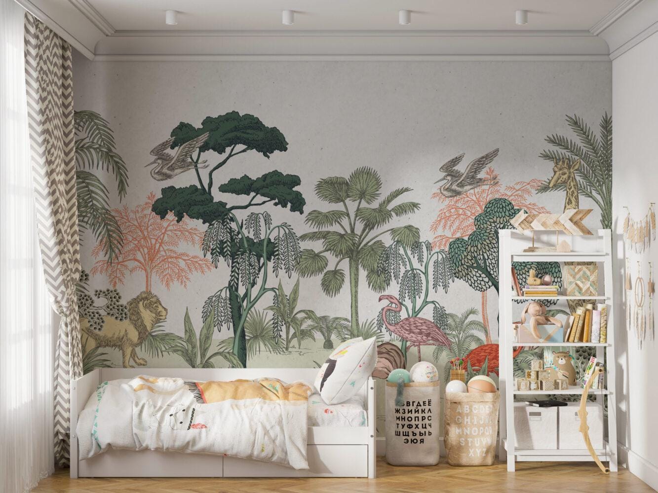 Linear Forest And Animals 3D Wallpaper For Kidsroom, Illustration Childrens Wallpaper, Wall Mural Nursery, Wide Wallpaper, Jungle Wallpaper