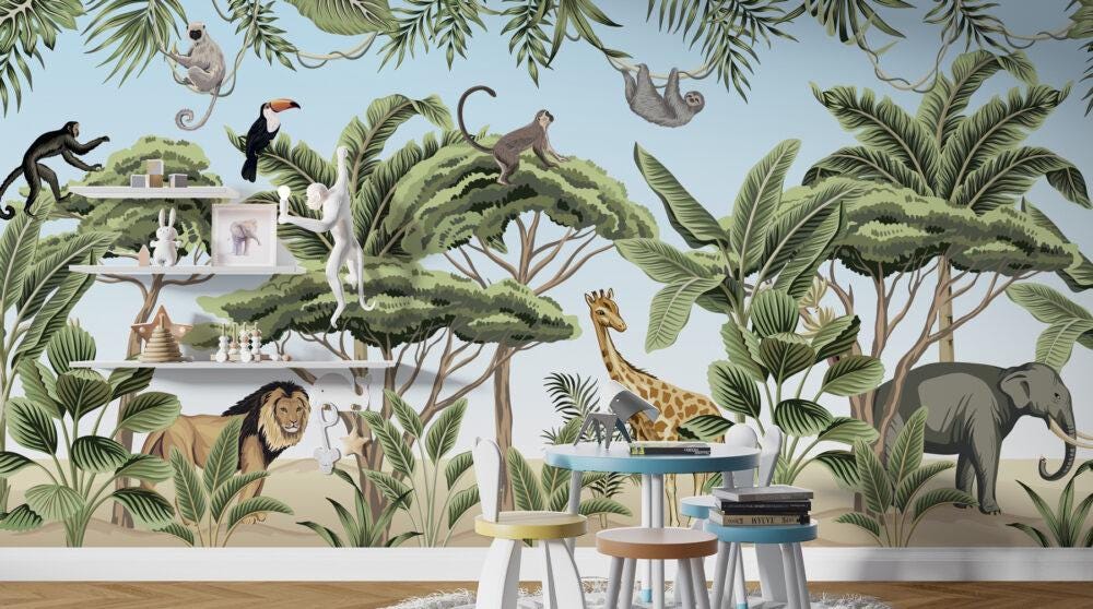 3D Wallpaper Tropical Animals for Kids Room, Children and Baby Wallpaper, Lion Elephant Giraffe Wallpaper Nursery, Wild Jungle Wallpaper