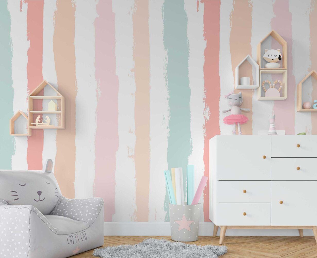 Children's Room Colorful Striped Wallpaper, Fun Kid Mural Illustration Wallpaper Nursery, Art Child Wallpaper, Peel and Stick Baby Wallpaper